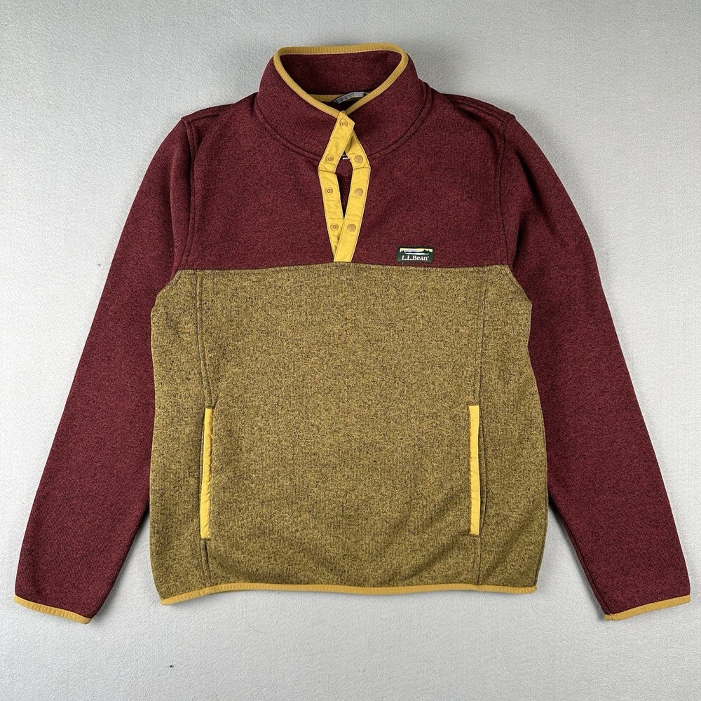 LL Beans Fleece Pullover 1/4 Snap Sweatshirt Mens M Red Yellow Slightly Fitted